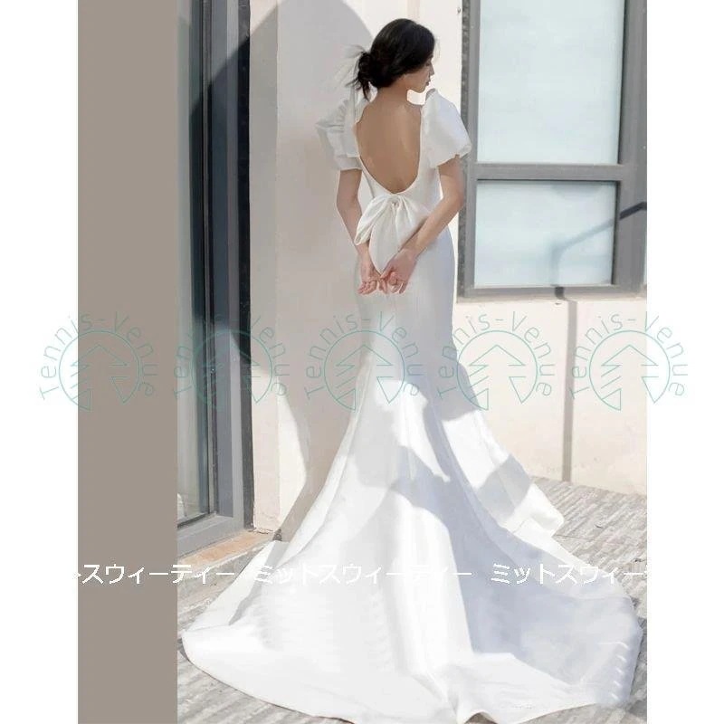 ウェディングドレス ロングドレス バックレス トレーン 結婚式 ウエディングドレス 二次会 花嫁 前