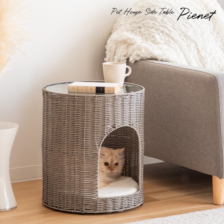猫　カフェテーブル　ローテーブル　ラタン製 猫用ハウス 円形 ガラス天板 猫 カフェテーブル ローテーブル ラタン製 猫用ハウス 形 ガラス天板