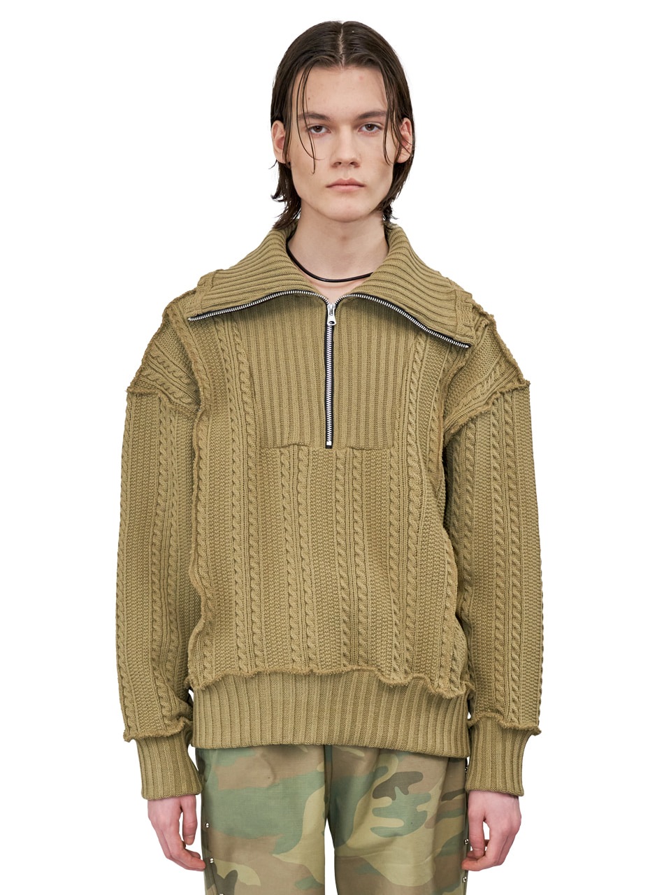 SS 22 ZIP-UP COLLAR CABLE KNIT_[OLIVE]