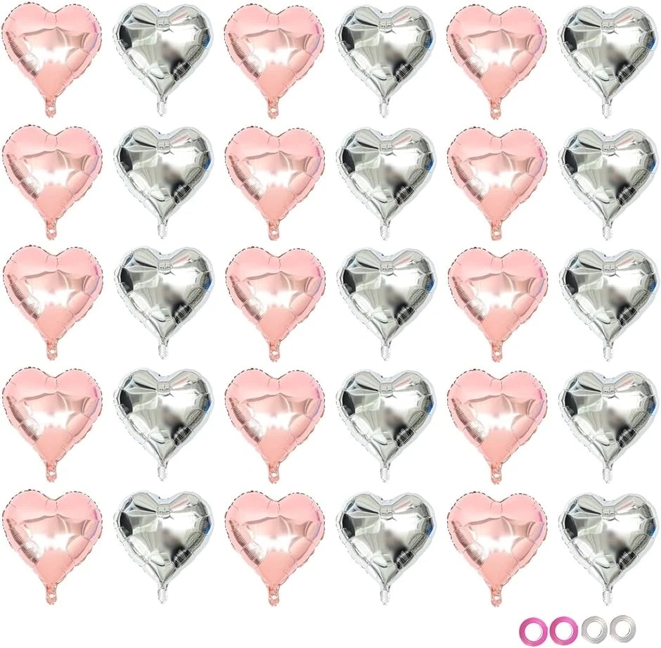 [25新柄]ハート バルーン 大きい風船 アルミバルーン リボン付き ローズゴールド シルバー( ローズゴールド シルバー 60個セット 4,848円