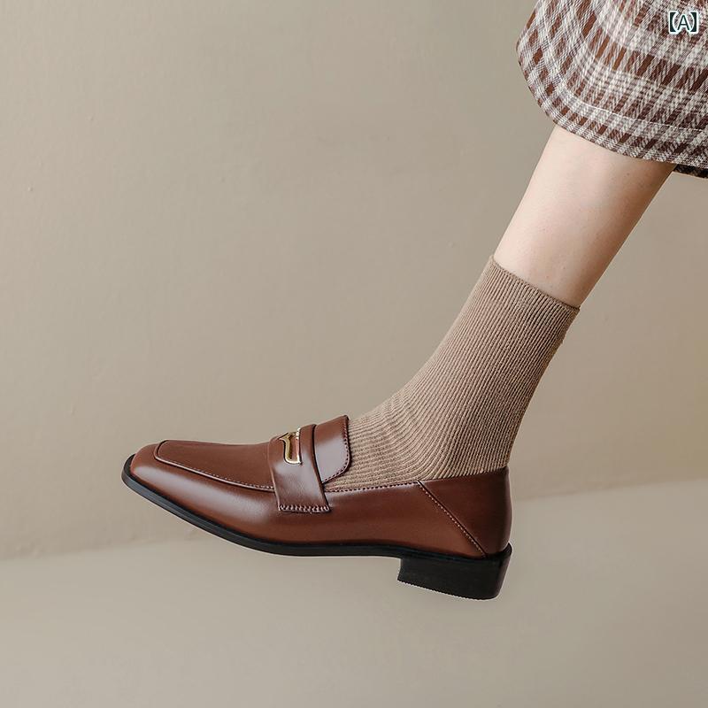 ローファー レディース オフィス 通勤 仕事 春秋 英国 小さい 革靴 女性 スクエアトゥ ミディアム ヒール 太い ヒール ブラウン 深口 シングル シューズ