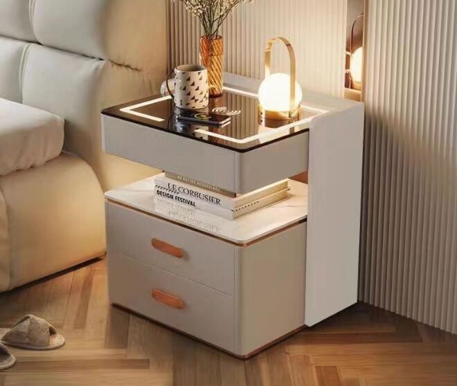 スマートスマート岩板キャビネット　サイドテーブル　多機能ワイヤレス充電　スマートライト付きライト高級シンプルでモダン無垢材　ベッドルーム