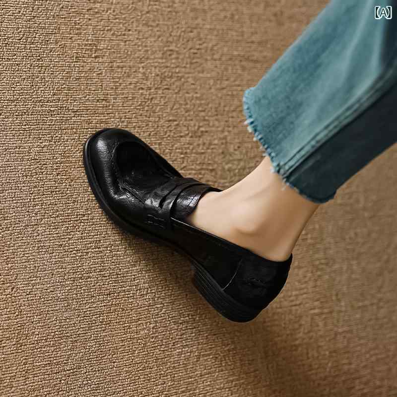 ローファー レディース オフィス カレッジ 通勤 通学 仕事 英国 レトロ ブラウン シングル シューズ 女性 厚手 ヒール ソフト シープスキン ローヒール 革靴 深い 口 ぺたんこ 快適