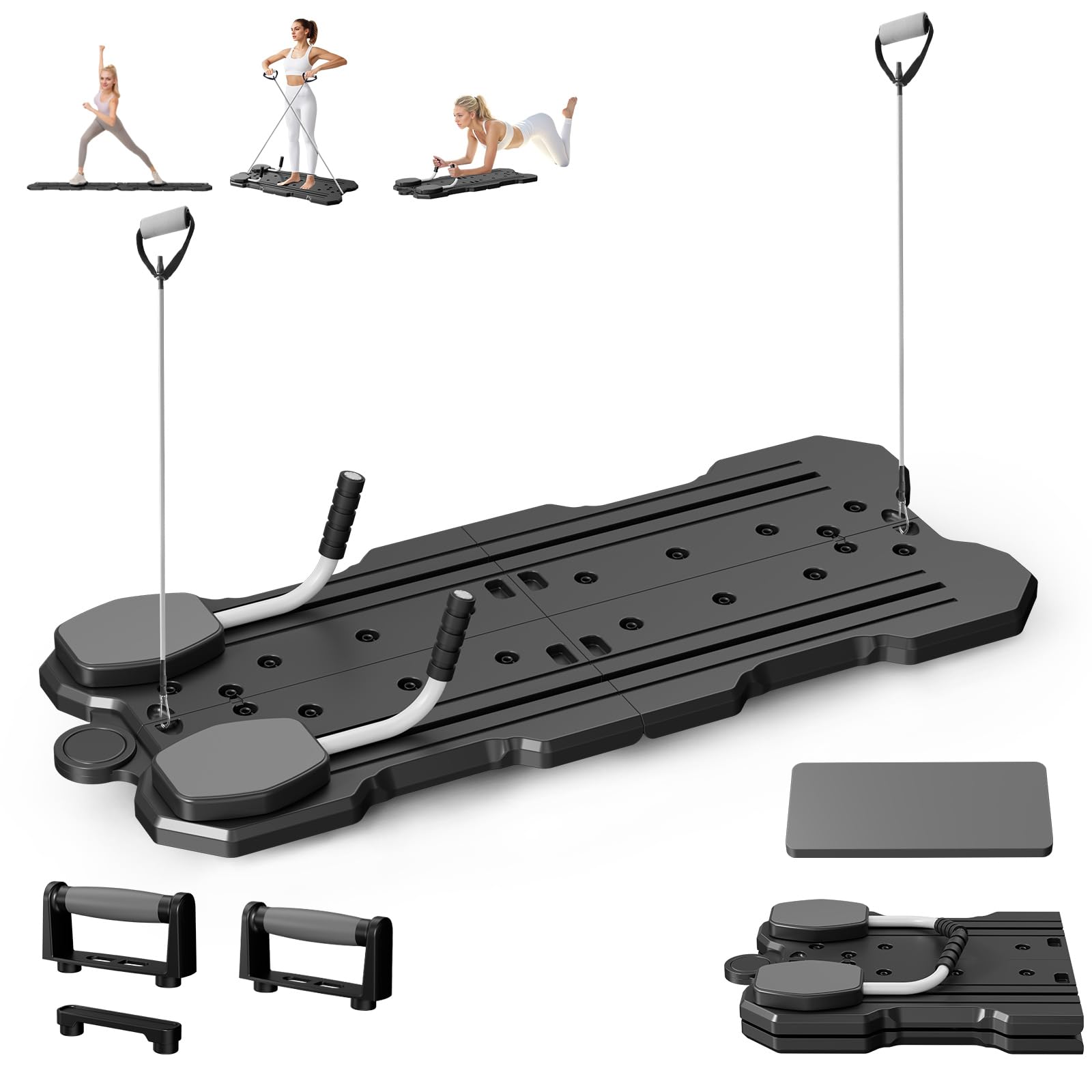 ピラティスマシーン 筋肉トレーニングの必需品【4役1台】折りたたみピラティスボード！腹筋ローラー+筋トレバンド+レッグプレス機能付き 静音&amp 自動リバウンドでマンションでも安心