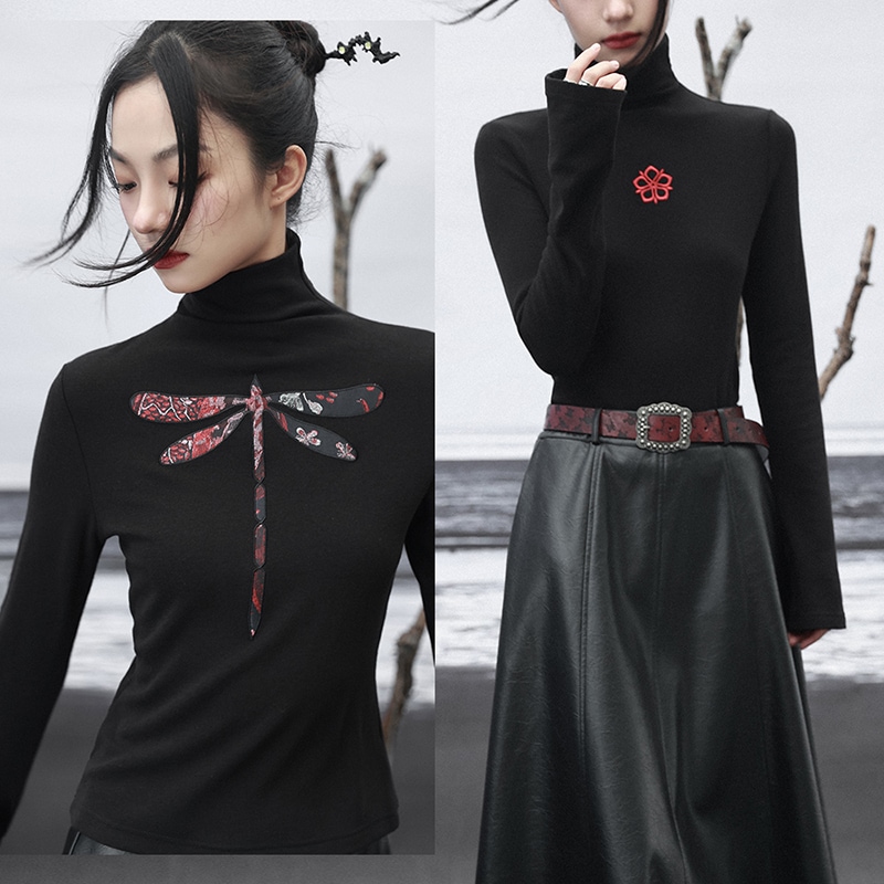 カットソー レディース チャイナ風トップス 前後着れる 花柄 トンボ 刺繍 ブラック ハイネック インナー 長袖 ラパ袖 春 秋 タートルネック 着瘦せ 個性的