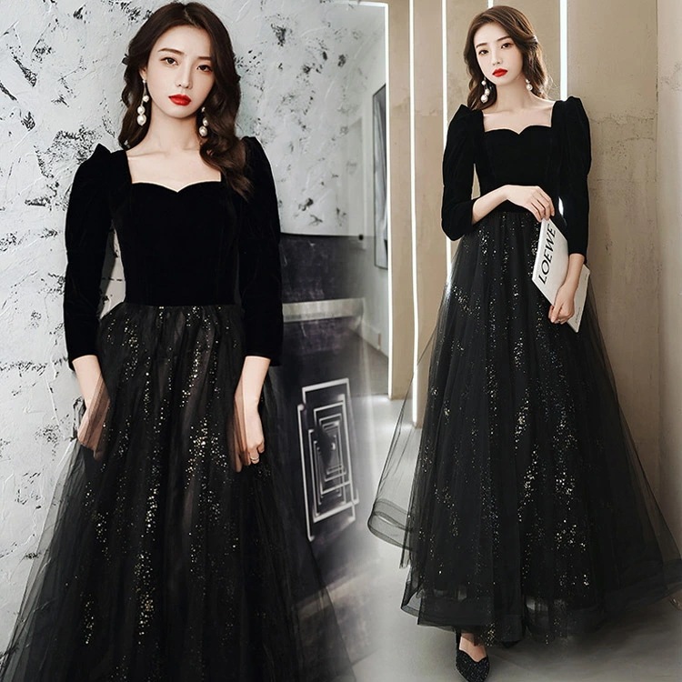 イブニングドレス 黒 ベロア ベルベット お呼ばれドレス 成人式ドレス 同窓会 謝恩会 発表会ドレス ロングドレス ブラック 結婚式ドレス 二次会ドレス シンプル エレガント XS S M L XL 7,117円