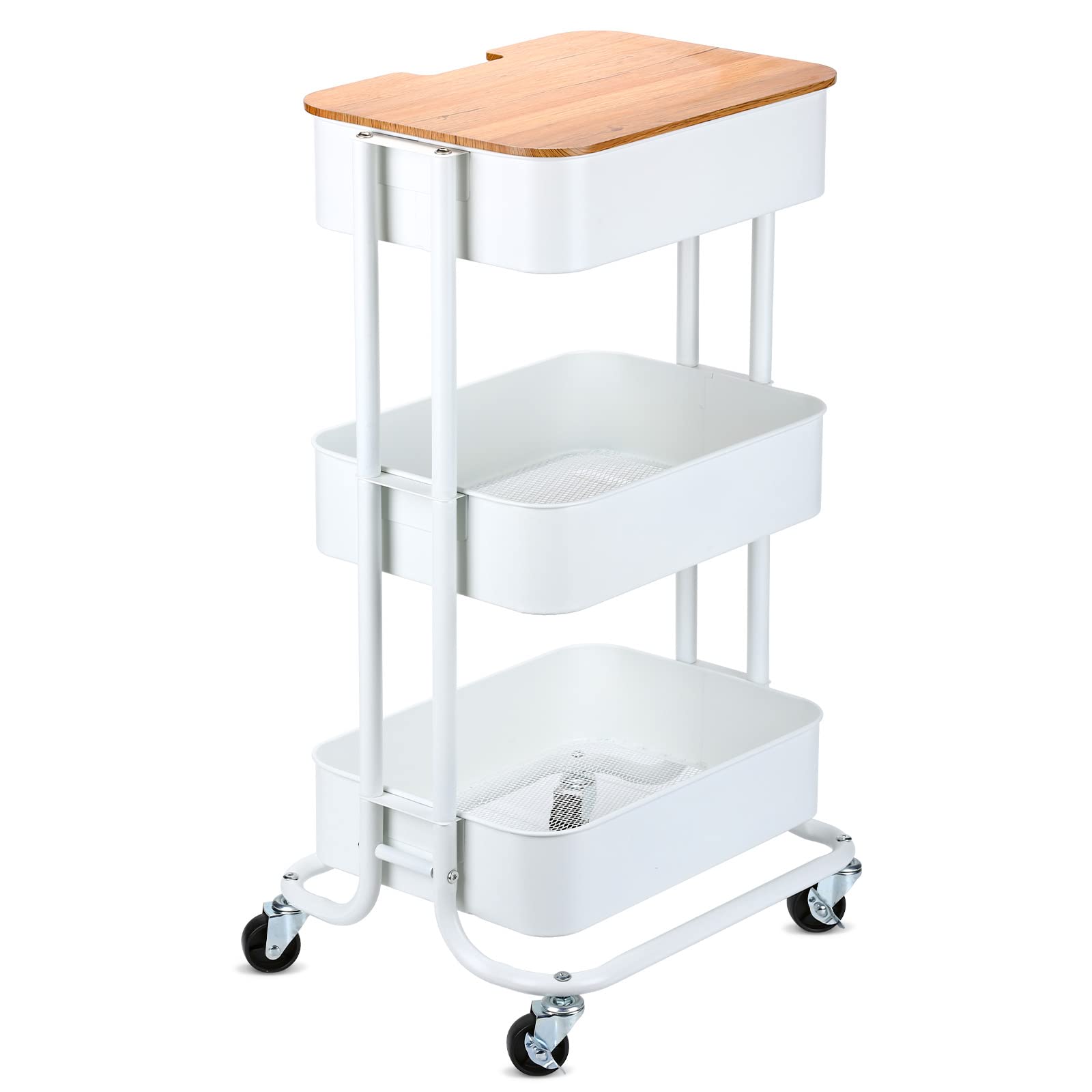 HANKEY キッチンワゴン 天板付き 収納ワゴン ベビーワゴン 台所収納 収納カート バスケットラック 整理棚 キャスター付き 移動式 ３段 組立簡単 スチール製 全体耐重45KG 幅43ｘ奥行33