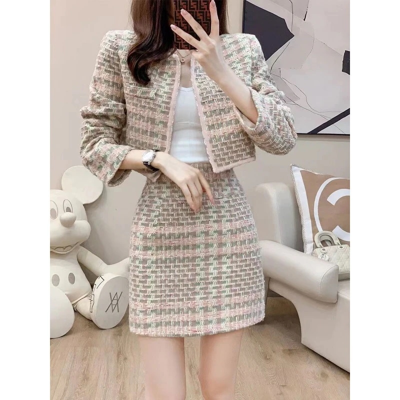 ハイエンドのカスタマイズ-フレンチスタイルのファッションスーツ女性のための2025初秋の新しい完全なセットジャケットとスカートの2点セット