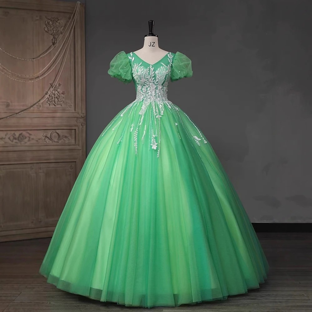 公演芸術試験ボーカルピアノソロ歌唱司会成人式ふわふわドレスのための新しいエレガントな緑の森ガールドレス