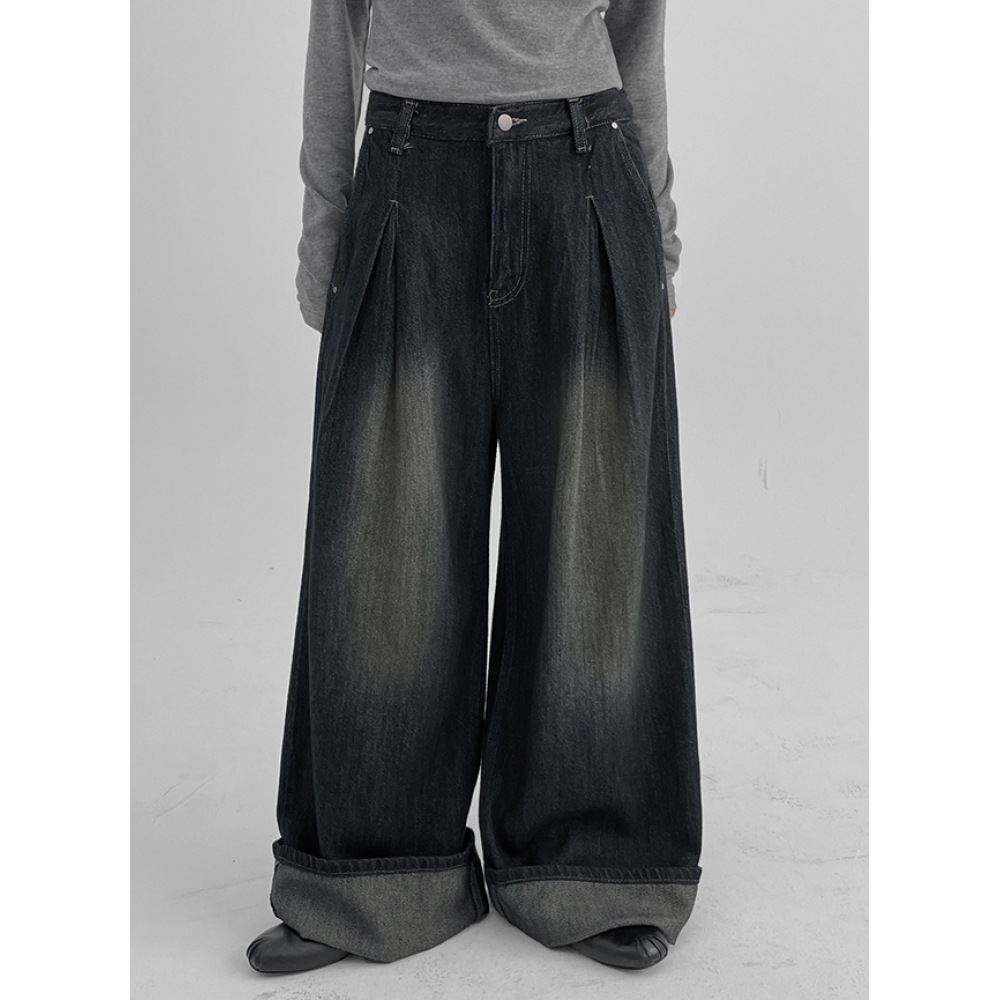 ブラックアップステップピンタックウォッシュワイドデニムパンツ