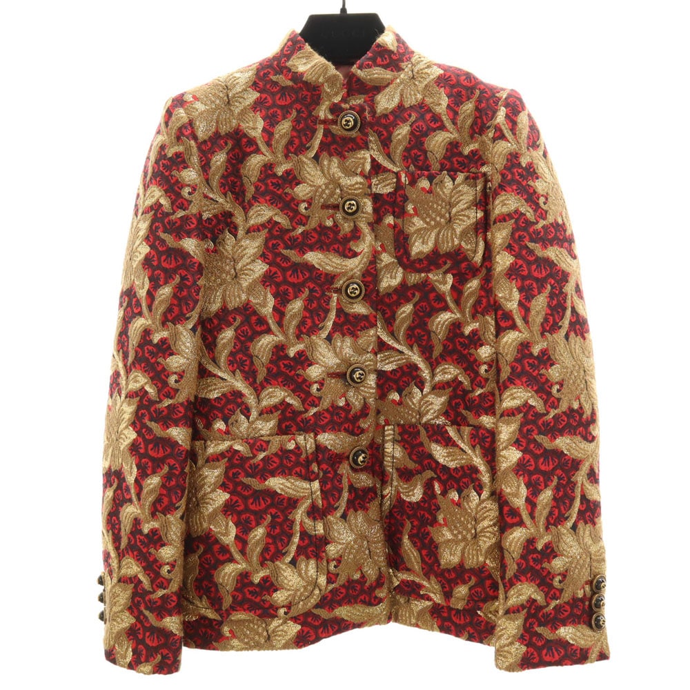 441738 イタリア製 花柄 ジャガード ジャケット 38 レッド 他 リボン ハンガー付き レディース