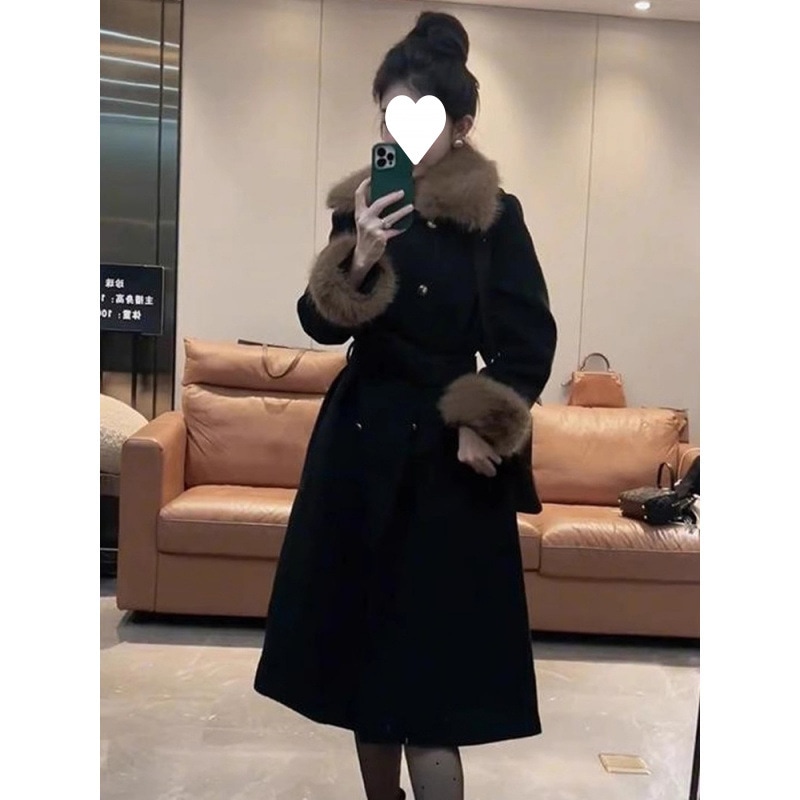 高級フレンチスタイルのブラックウールコート新しい冬のスタイル女性用のエレガントなミドル丈トレンチコート