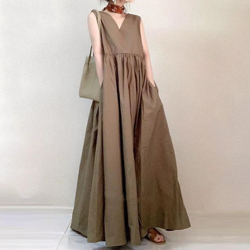 ワンピース フレアワンピース ロング丈 マキシ丈 袖なし ノースリーブ Vネック フレア Aライン ハイウエスト 薄手 かわいい 大人可愛い きれいめ シンプル 大人 上品 おしゃれ お洒落 レトロ