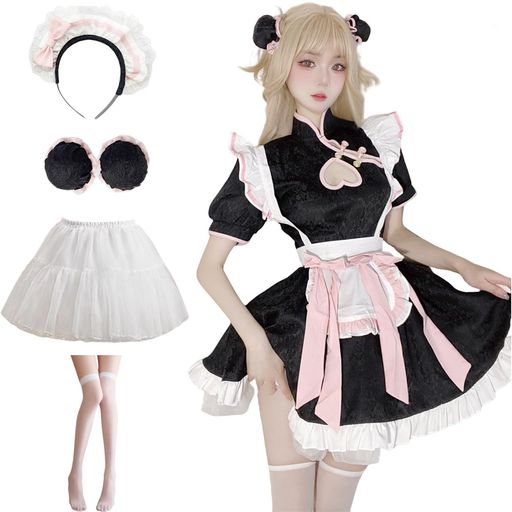 [HARUKITA] メイド服 セクシー コスプレ 萌えミニコスチューム 9点セット ロリータ 半袖 チャイナドレス 中華風 可愛い ワンピース ミニ コスチューム ハロウィン クリスマス 仮装 人気