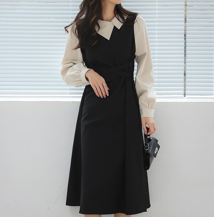 ワンピース ブラウス 白シャツ フレアワンピース 膝丈 ひざ丈 膝下 袖あり 長袖 ラウンドネック 襟付き セミフレア ウエストリボン かわいい きれいめ シンプル カジュアル 大人 上品 おしゃれ 5,249円