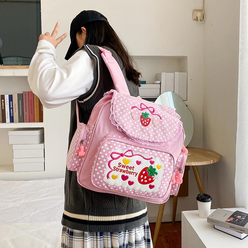 乙女学生甘いわいい刺繍果物いちごレース学生ランドセルバッグバッグ通学リュック