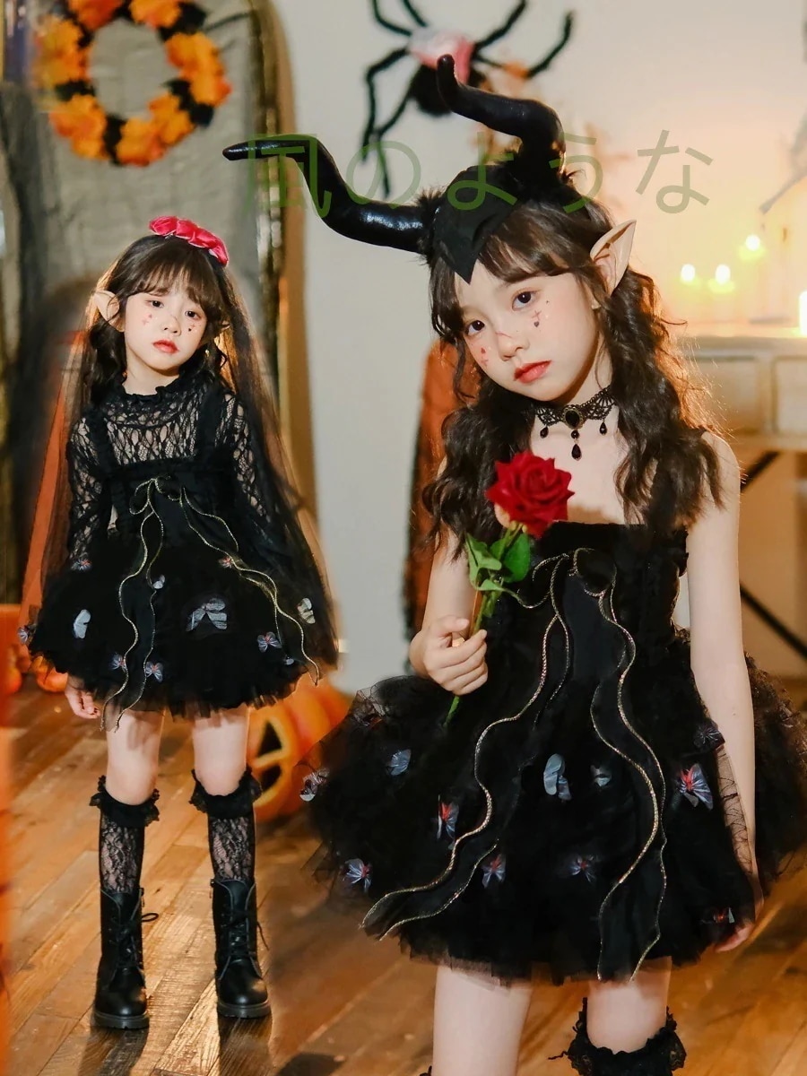 衣装 子供 悪魔 魔女 ワンピース 花嫁 鬼花嫁 精霊 ワンピース 蝶柄 キッズ コスチューム 魔女セット