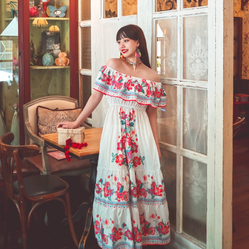 ワンピース ワンピドレス ロング丈 半袖 フレアスリーブ オフショルダー Aライン フリル