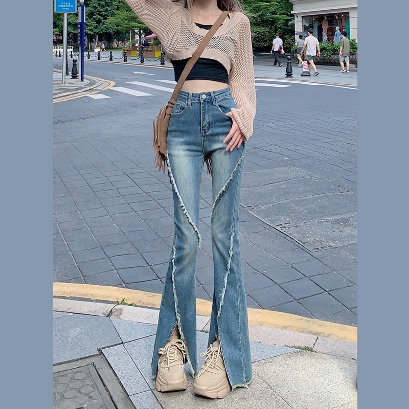 スリットフレアジーンズ フレアパンツ 新作 春 夏 レディース ハイウエスト ストレッチヒップ ロングパンツ スリム ロング丈 ファスナー スリット 切り返し パッチワーク ファッショナブル