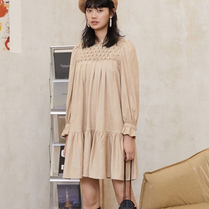 ワンピース フレアワンピース ワンピドレス ミニ ミニ丈 ショート ショート丈 膝上 袖あり 長袖 スタンドカラー Aライン プリーツ レース フリル かわいい カジュアル おしゃれ お洒落 ラブリー