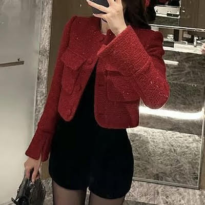 レッドツイードジャケット ツイードジャケット ツイード ジャケット アウター 高見えジャケット ノーカラージャケット ジャケット赤 赤 レッド オルチャン 韓国 レディース ウールジャケット ウール