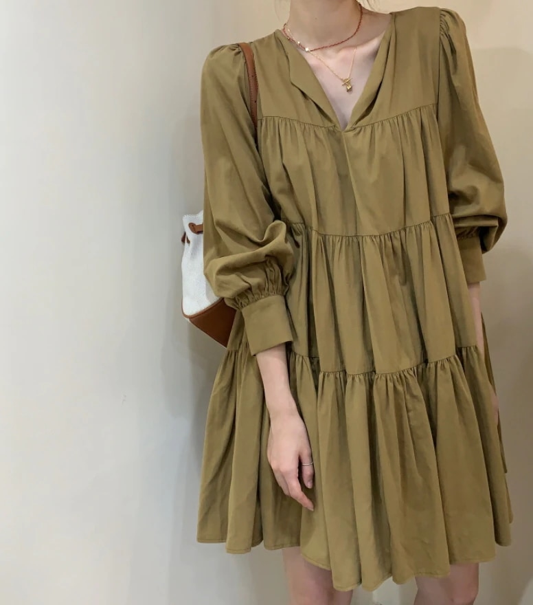 ワンピース ティアードワンピース ショート ショート丈 袖あり 長袖 パフスリーブ Vネック 襟なし Aライン 薄手 かわいい 大人可愛い きれいめ シンプル カジュアル 大人 おしゃれ お洒落