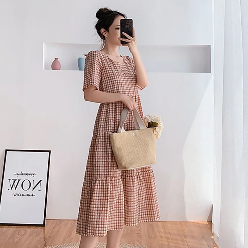 チェック柄ティアードワンピース ワンピース ティアードワンピース 膝丈 ひざ丈 袖あり 半袖 ラウンドネック フレア 綿 かわいい 大人可愛い きれいめ シンプル カジュアル 大人 おしゃれ お洒落