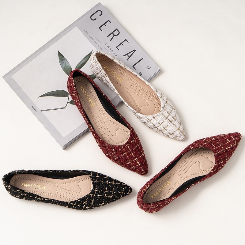 パンプス レディースシューズ ポインテッドトゥ 春 秋 冬 1cmヒール ローヒール ぺたんこ フラット ツイード チェック 柄物 上品 きれいめ 大人女子 シンプル オフィスカジュアル