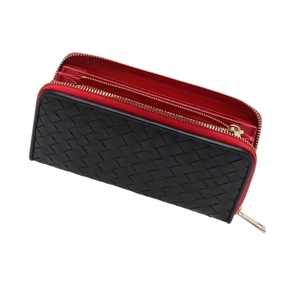 【オリジナル】長財布 イントレチャート 編み込み レザー 黒赤 高級 本革使用