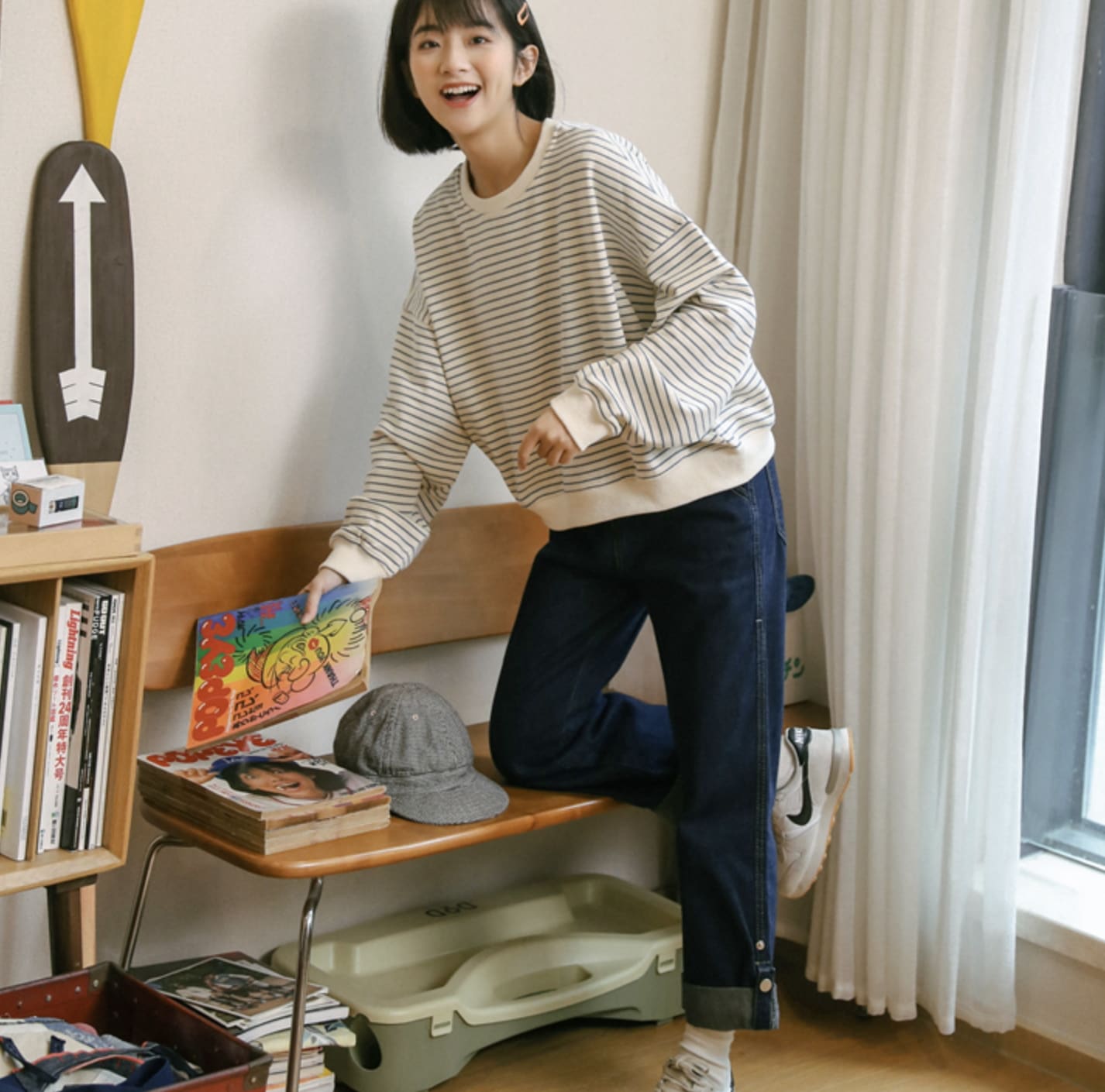 トップス ボトムス パンツ セットアップ プルオーバー トレーナー Gパン ワイドパンツ デニムパンツ 袖あり 長袖 ラウンドネック 襟なし ストレート ワイド ファスナー ポケット 伸縮性 前ボタン