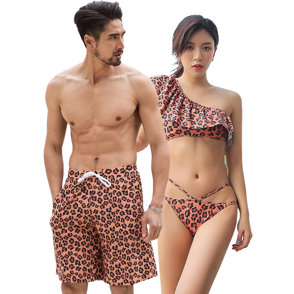 水着 カップル水着 レディース メンズ ペア水着 体型カバー ビーチパンツ お揃い 海 プール ペアルック 夫婦 恋人 彼氏 彼女 トランクス ビキニ 大きいサイズ ヒョウ柄 ブラウン 2019年新作