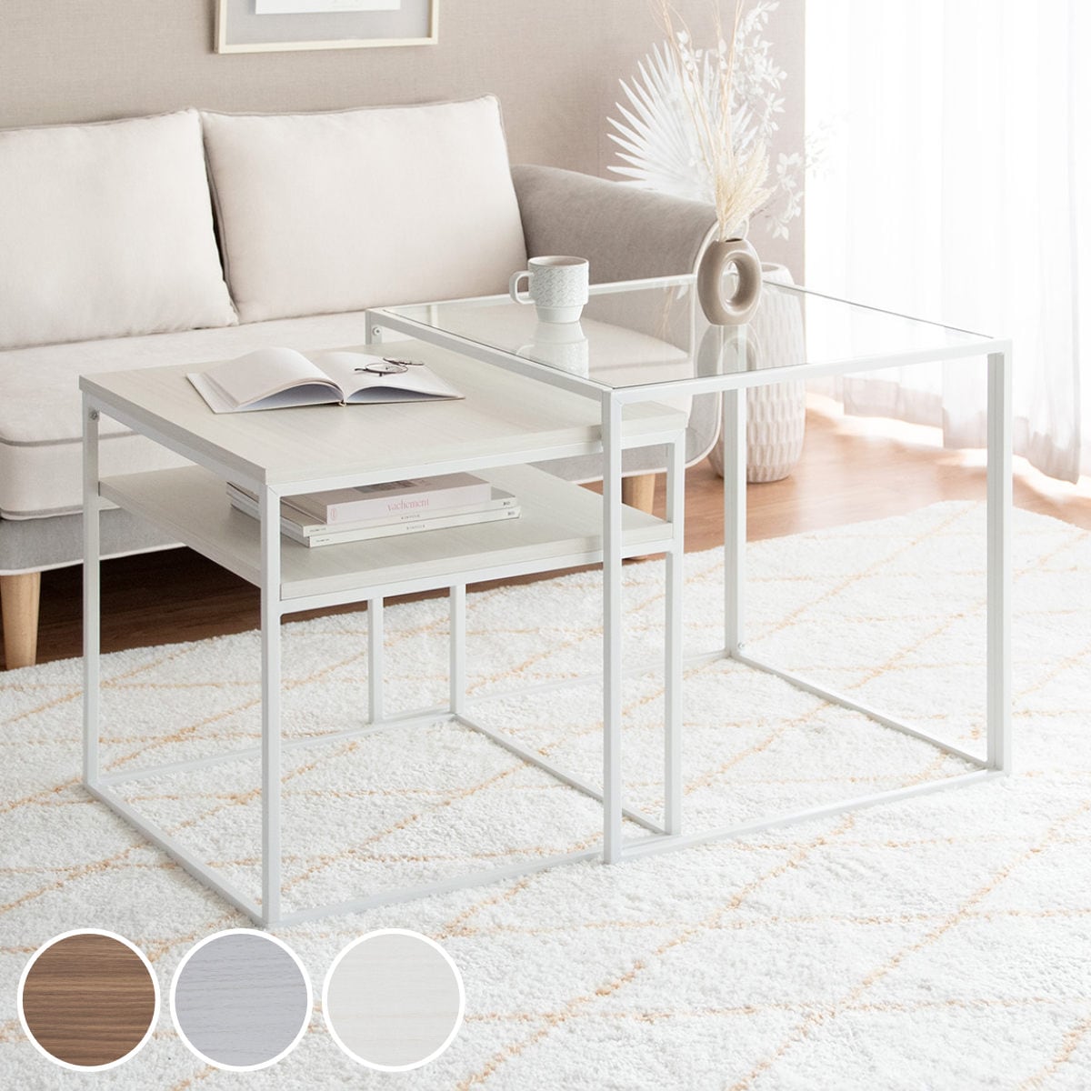 リビングテーブル 正方形 幅54cm 幅60cm ネストテーブル 棚付 Poluca テーブル ハイタイプ 高さ60cm センターテーブル ガラステーブル 伸縮 収納付き おしゃれ リビング