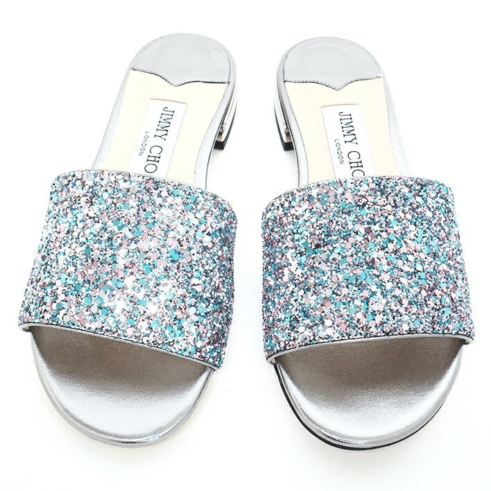 【中古】ジミーチュウ JONI FLAT グリッター スライドサンダル レディース ミュール シルバー サイズ35【未使用品・新古品】
