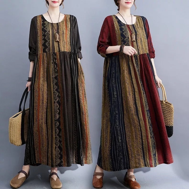 【SNSで話題沸騰】 レトロ ストライプ柄 Aライン ラウンドネック ロング プリントワンピース