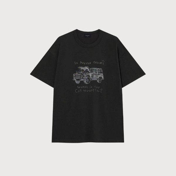 半袖Tシャツ JQS CO2503ST23-CH ヴィンテージカー ドローイング Tシャツ チャコール
