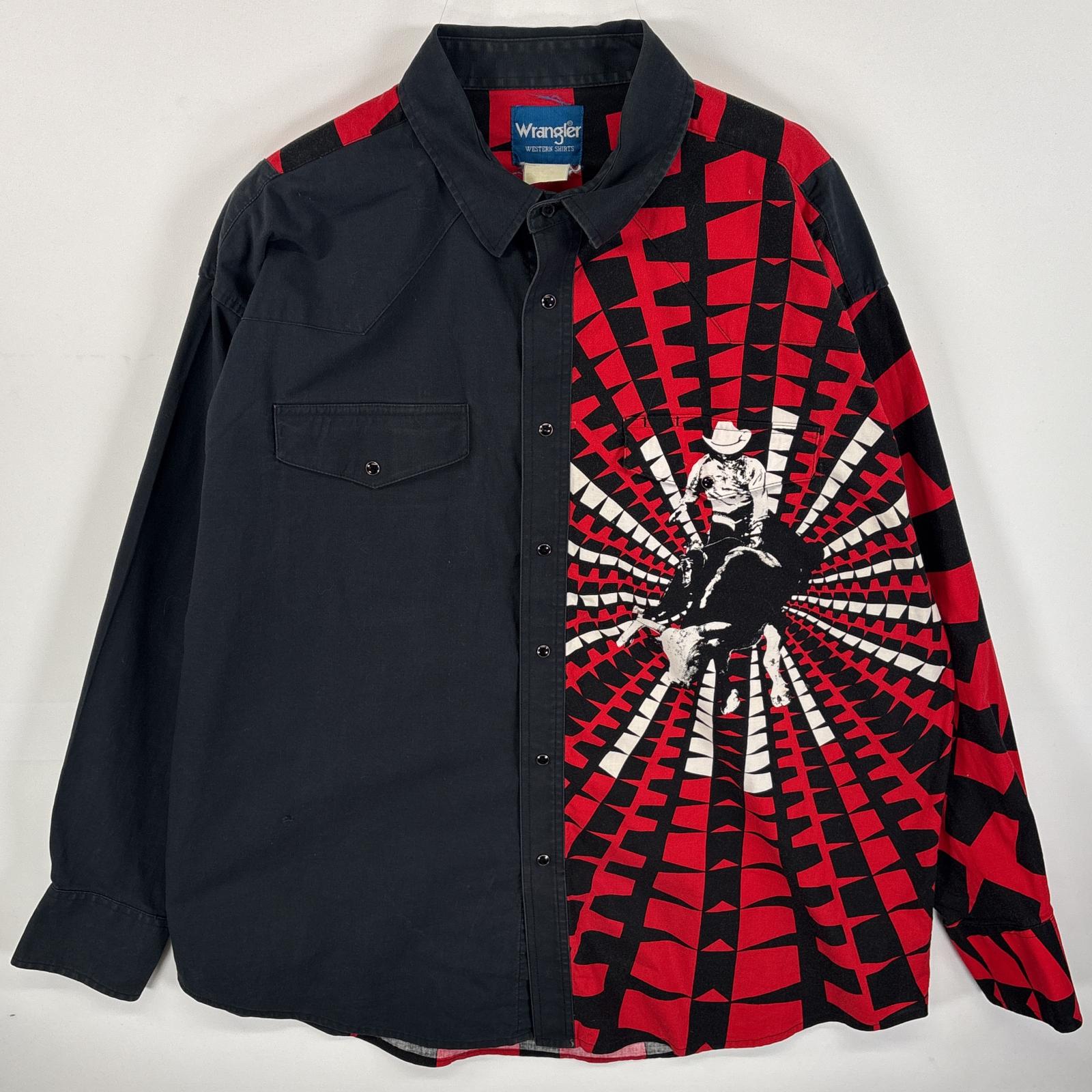 古着 長袖シャツ ウエスタンシャツ カウボーイ バックプリント フラップポケ レッド系 ツートン メンズ