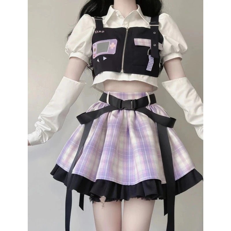 パーティードレスドレス 地雷系 ショートスリーブシャツ+タンクトップベストベスト+ハイウエストスカートの3点セット しゅうがくりょこうドレス