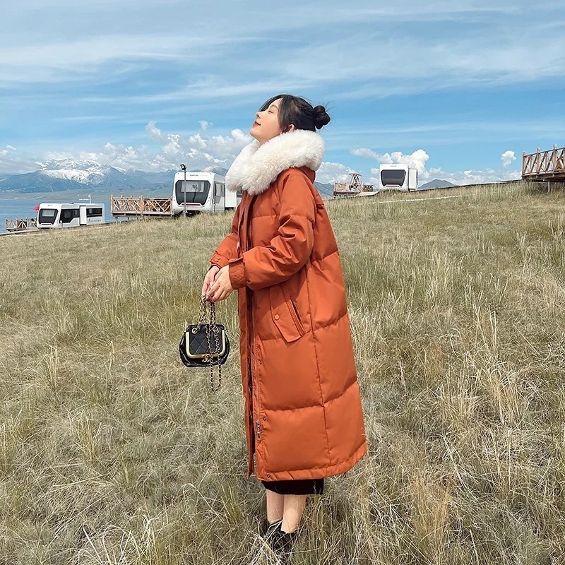冬新作日系ダウンコットンジャケット ダウンコート ロング ファーカラー フード付き セミロング 厚手ジャケット 韓国版はデザイン感がゆったりしている レトロ 流行り 百掛け 快適