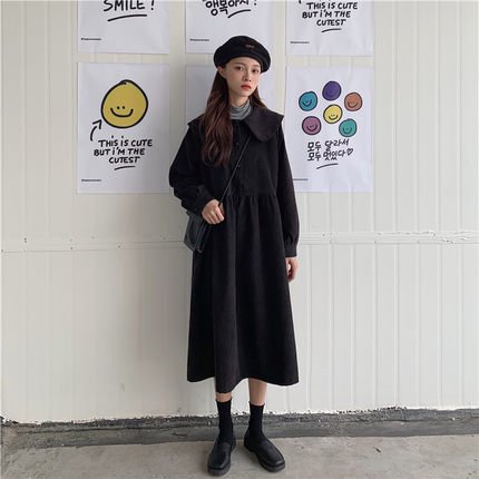 【取寄：納期2週間】ワンピース レディース カジュアル 長袖 おしゃれ おでかけ Aライン ゆったり プルオーバー レトロ ブラック 黒 レトロワンピース シンプル 無地 ミディ丈 ハイウエスト