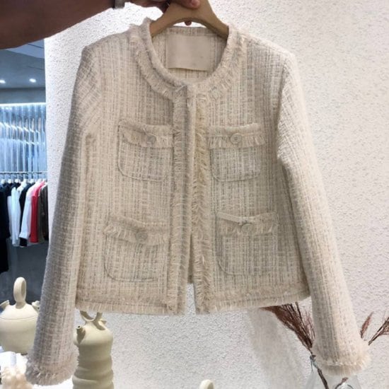 【取寄：納期2週間】ジャケット ツイード ノーカラー 大きいサイズ 春 秋 コート カジュアル エレガント