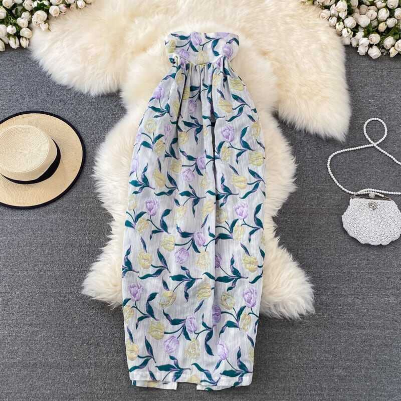 ワンピース 上着 人気 おすすめ おしゃれ お洒落 激安 安い プチプラ オフショルダー 肩出し ウエスト チューブトップ ノースリーブ 柄 チューリップ フラワー 花柄 可愛い lone0