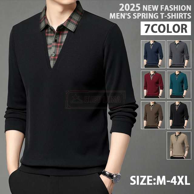 最安挑戦 春新作 新作 送料無料 ポロシャツ メンズ 長袖 トップス フェイクツーピース 折り襟 Tシャツ 無地 ゆったり プルオーバー スウェットシャツ カジュアル トレーナー ゴルフウェア アウト
