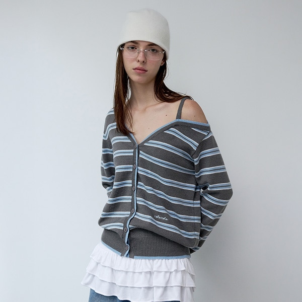 ONE OFF SHOULDER STRIPE WOOL BLENDED CARDIGAN GRAY