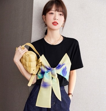 個性的 トップス Tシャツ 袖あり 半袖 ラウンドネック スタンドカラー ストレート リボン かわいい 大人可愛い きれいめ カジュアル 大人 上品 おしゃれ お洒落 大人女子 こなれ感 ラフ