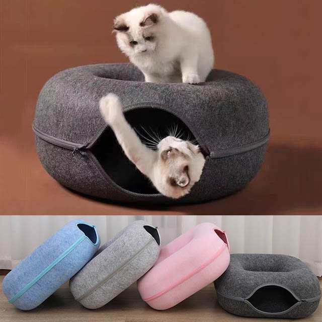 送料無料 にゃんドーナツ ペットベッド ドーム型 猫 キャットハウス トンネル ねこハウス おもちゃ ペットソファー 寝床 ハウス 4色/M/XL