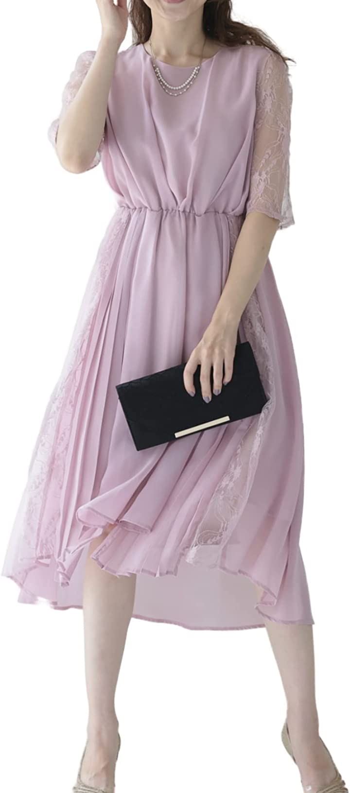 パーティ ワンピース ドレス レディース レース 刺繍 五分袖 BPK( ベビーピンク / 104, L)