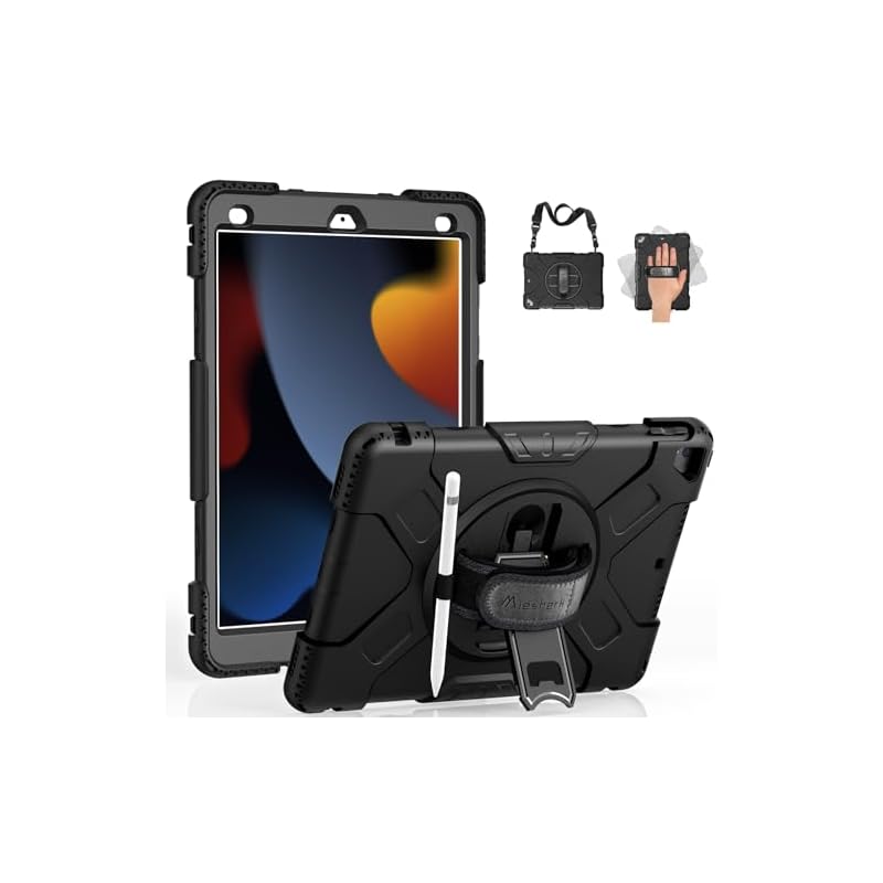 Miesherk ipad 9世代 ケース 10.2インチ 第9/8/7世代（2021/2020/2019） iPad保護ケース 耐衝撃 頑丈 防塵 360回転スタンド 精密カット ペン収納 ショル