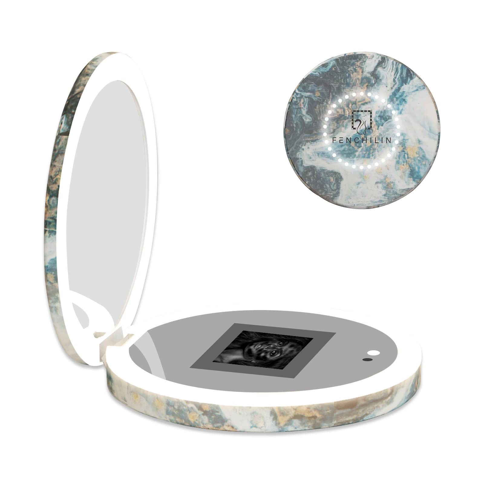 FENCHILIN 日焼け止めテスト用UVカメラ付きミラー コンパクトミラー 充電式 2倍拡大鏡付き LED付き 角度調整可能 明るさは調整できる スマートタッチ 軽量 110mm×18mm C