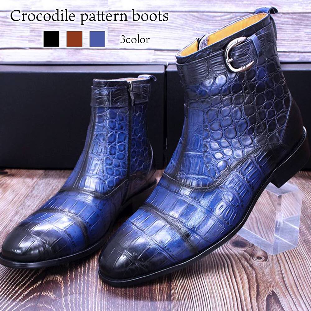 ブーツ メンズ クロコダイル柄ブーツ フロント ワーク セット 靴 滑らない 完全 春 軽い 幅広 モード 黒 冬 大人 革 ジッパー 防寒 防水 スエード ブランド ブーツファスナー 暖かい 人気