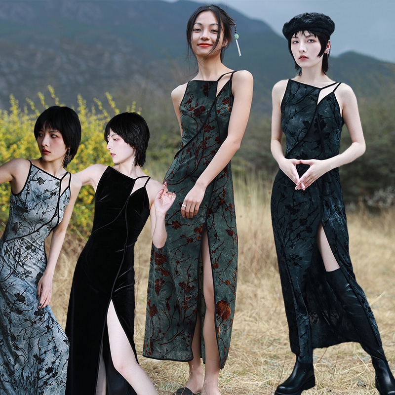 キャミソールワンピース マキシ丈 スリットワンピース タイト 夏 2wayキャミワンピ セクシー 着瘦せ 腰括れ 梅花フロッキープリント パーティードレス